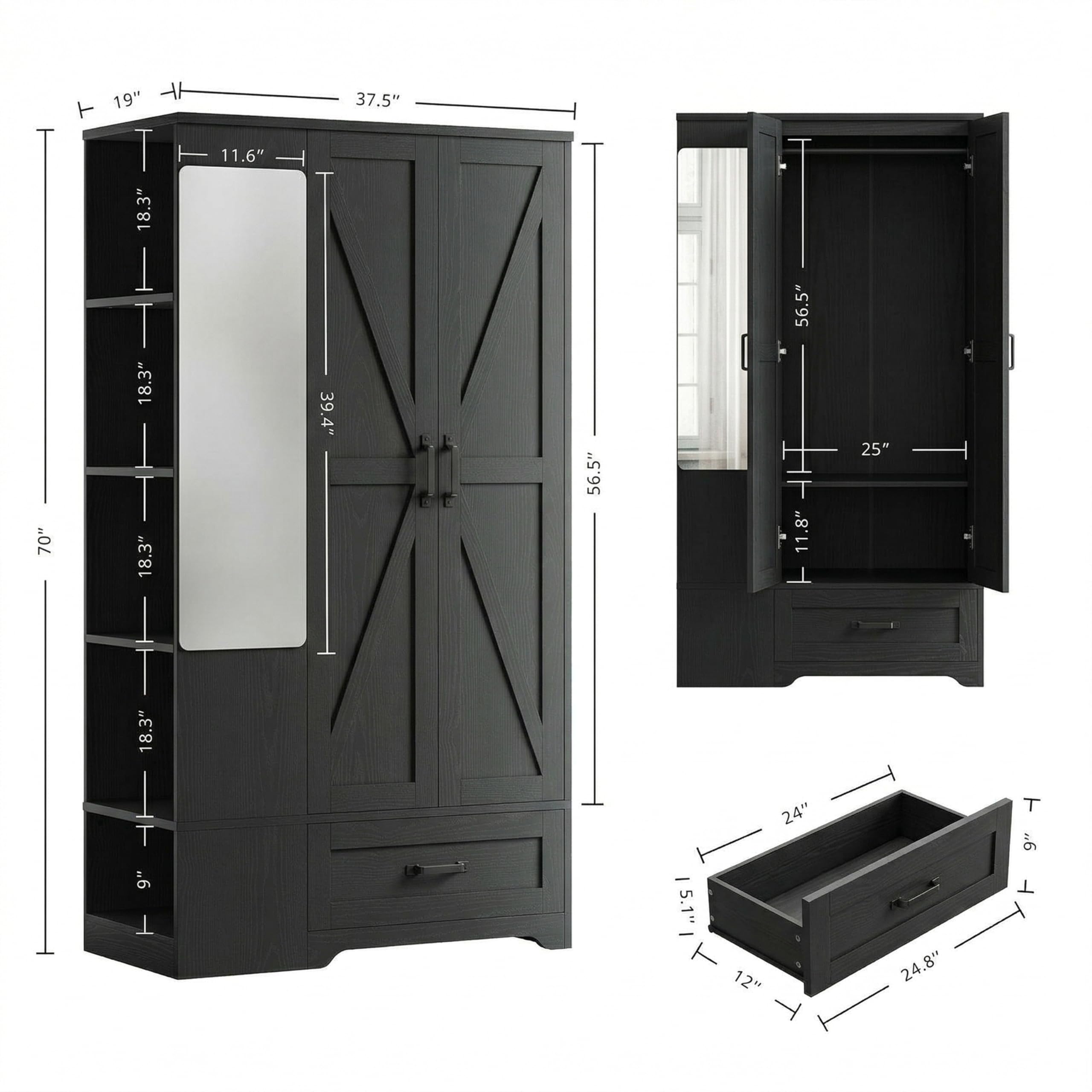 Barn Door Wardrobe Closet with Mirror, Shelves & Drawer