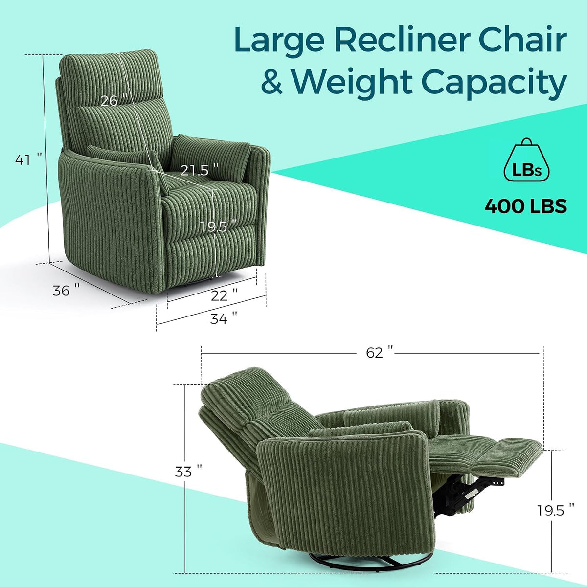 Green Corduroy Power Swivel Recliner