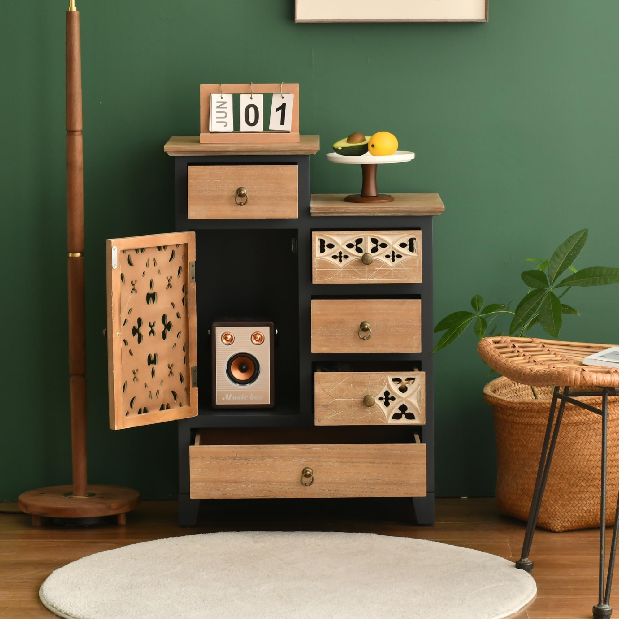 Farmhouse Accent Chest with Carved Door & 5 Drawers