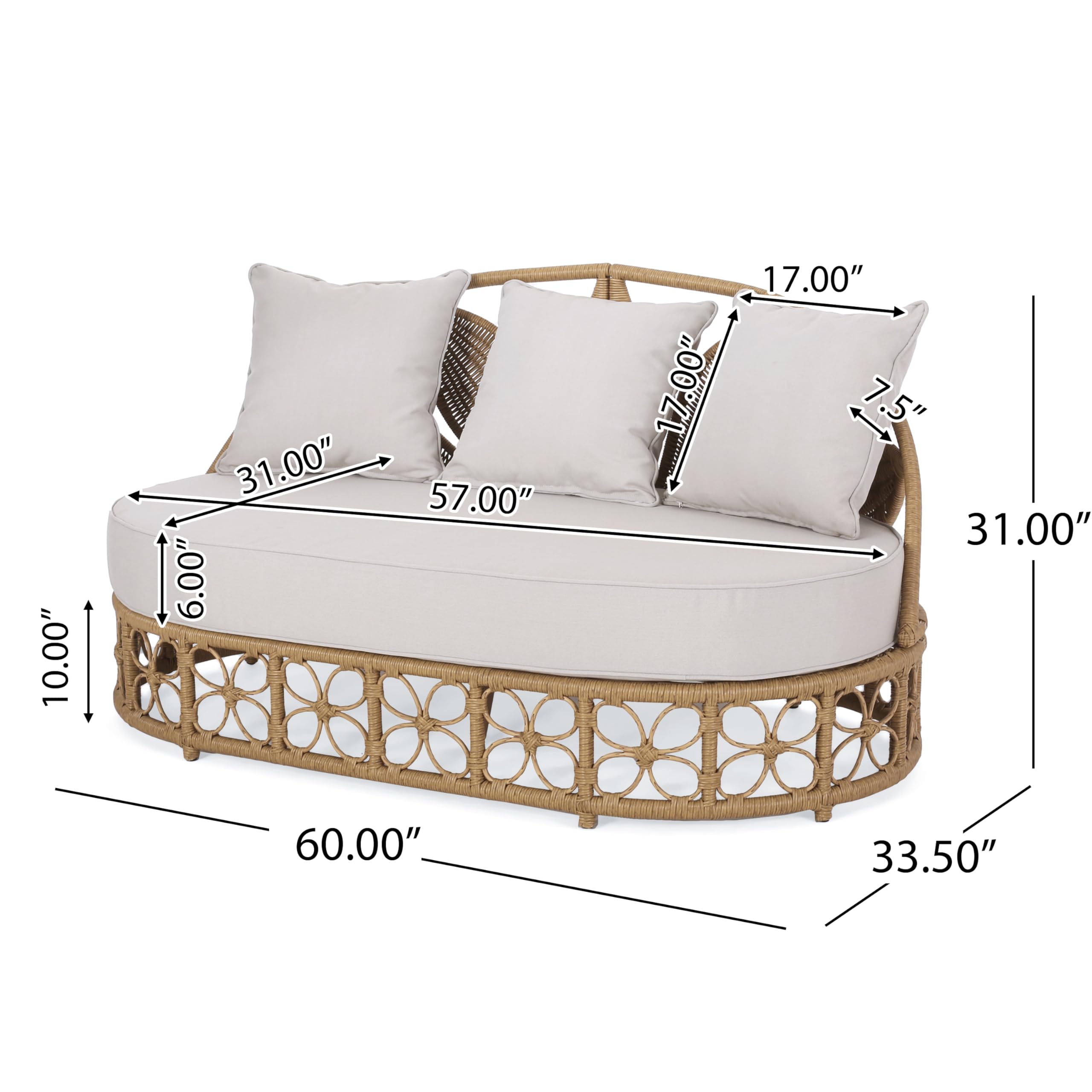 Merax Outdoor Wicker Daybed with Water Resistant Cushion and 3 Throw Pillows, Boho Patio 60" Rattan Sun Day Bed for Lawn Garden Backyard Pool, All-Weather, Light Brown