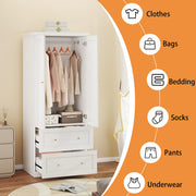 Mhsatyrs Armoire Wardrobe Closet with Drawers: Large White Wardrobe Closet with 2 Doors and 2 Drawers, Wooden Bedroom Armoires Storage Cabinet with Hanging Rod and Shelves (32")