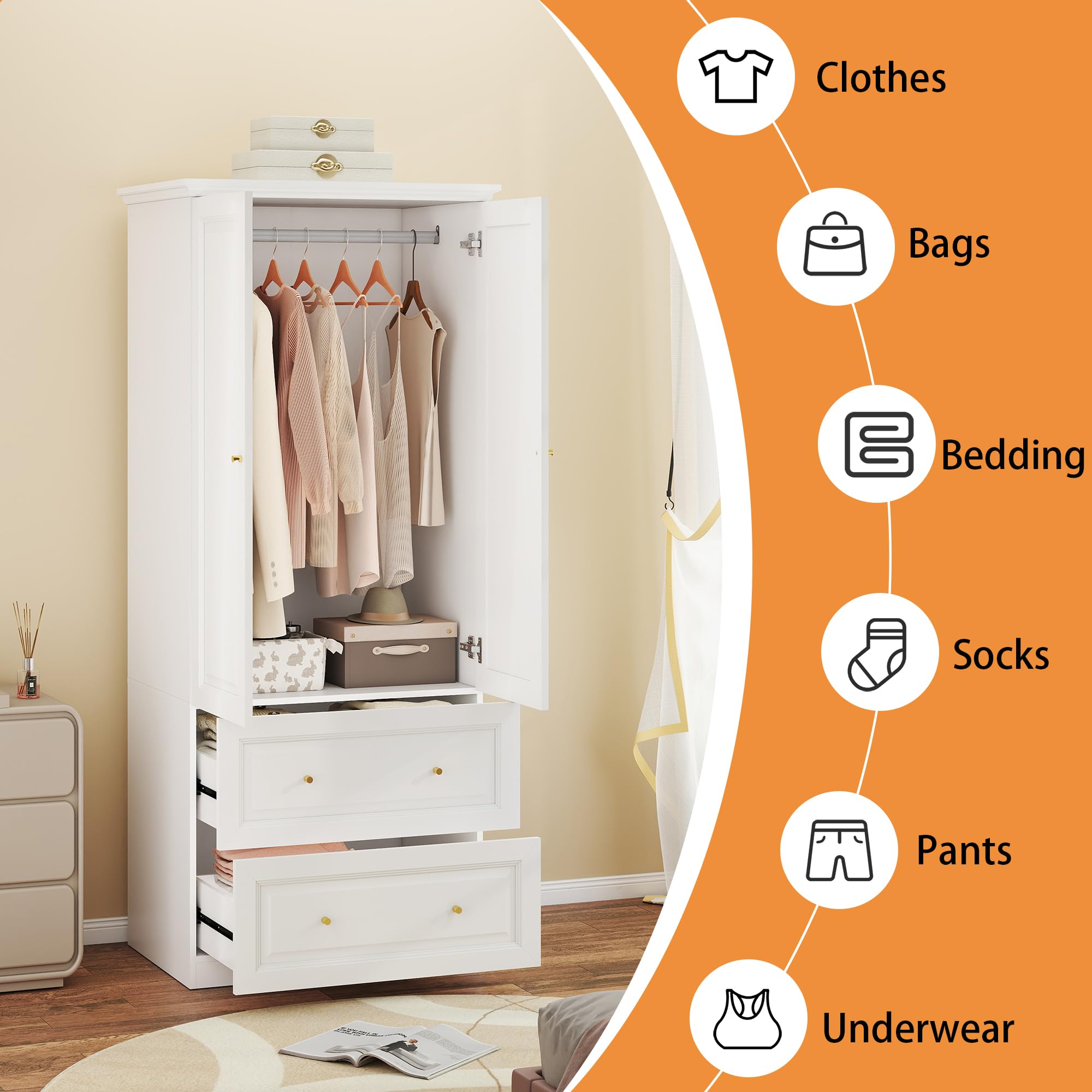 Mhsatyrs Armoire Wardrobe Closet with Drawers: Large White Wardrobe Closet with 2 Doors and 2 Drawers, Wooden Bedroom Armoires Storage Cabinet with Hanging Rod and Shelves (32")