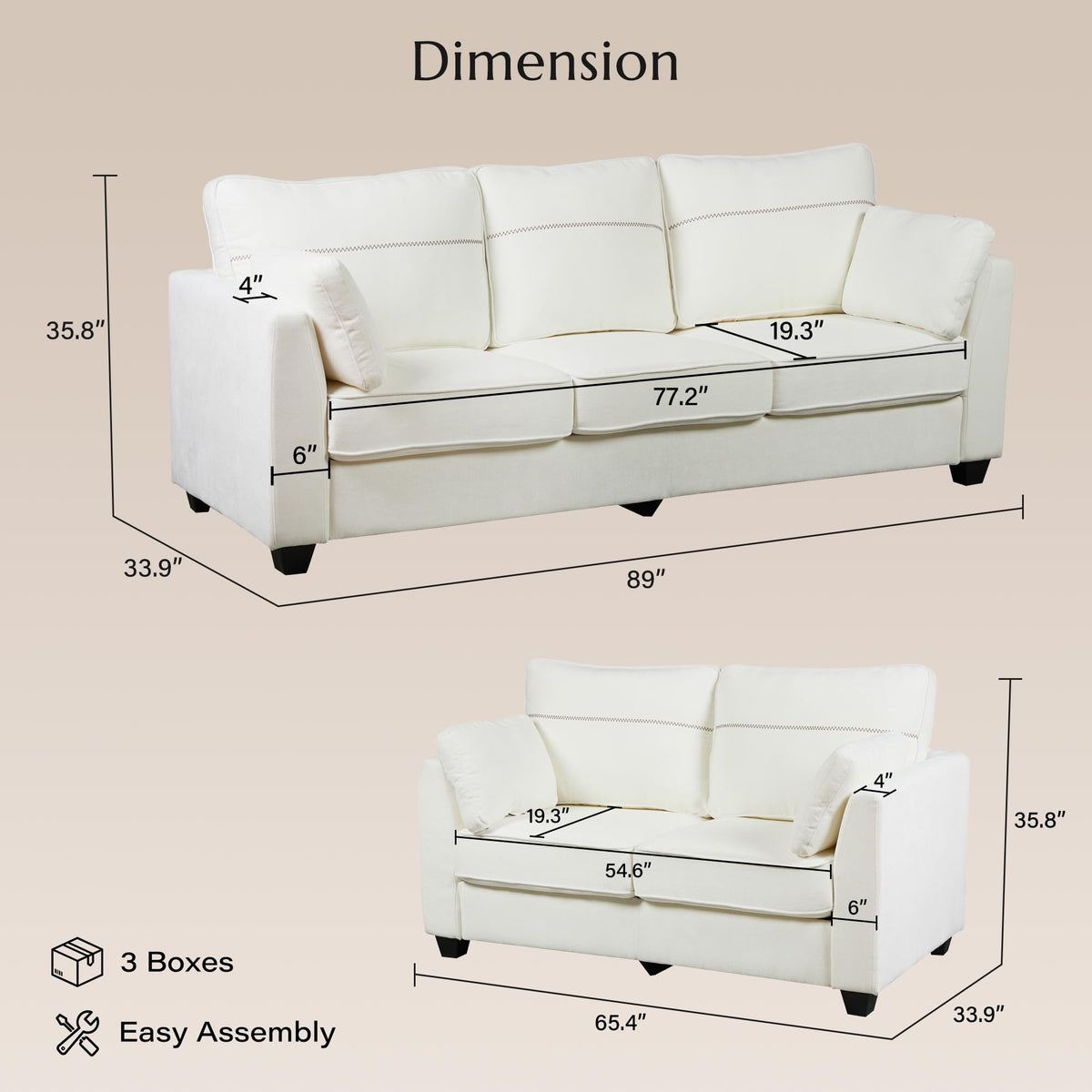 Landassy Home 2-Piece Sofa Set, 65.4" Loveseat + 89" 3-Seater Couch, Beige
