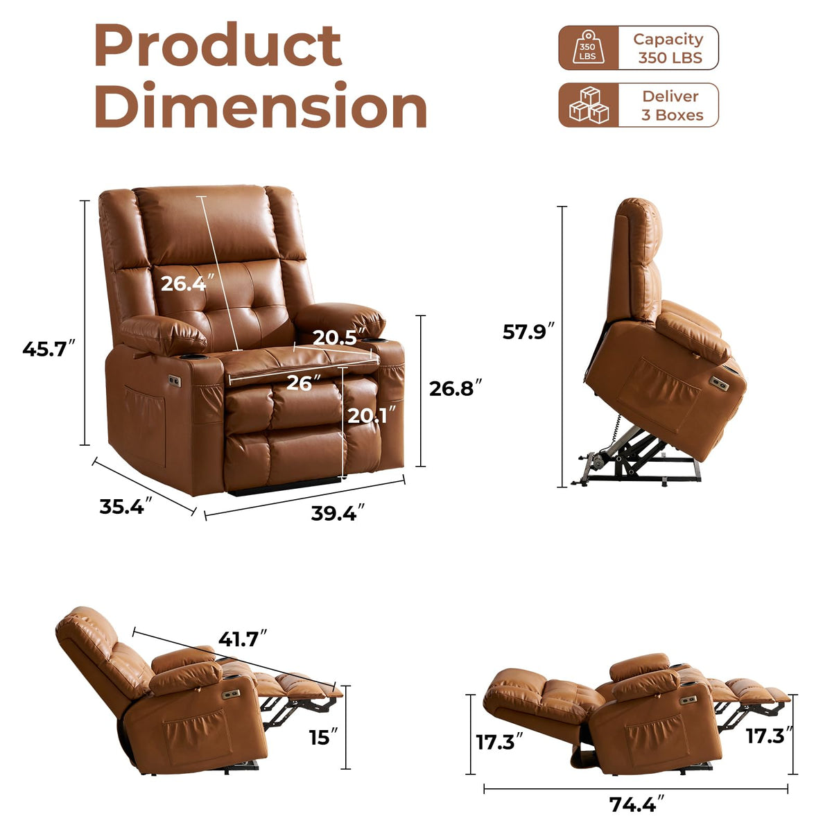 Dual Motor Power Lift Recliner for Elderly with Massage and Heat, Camel
