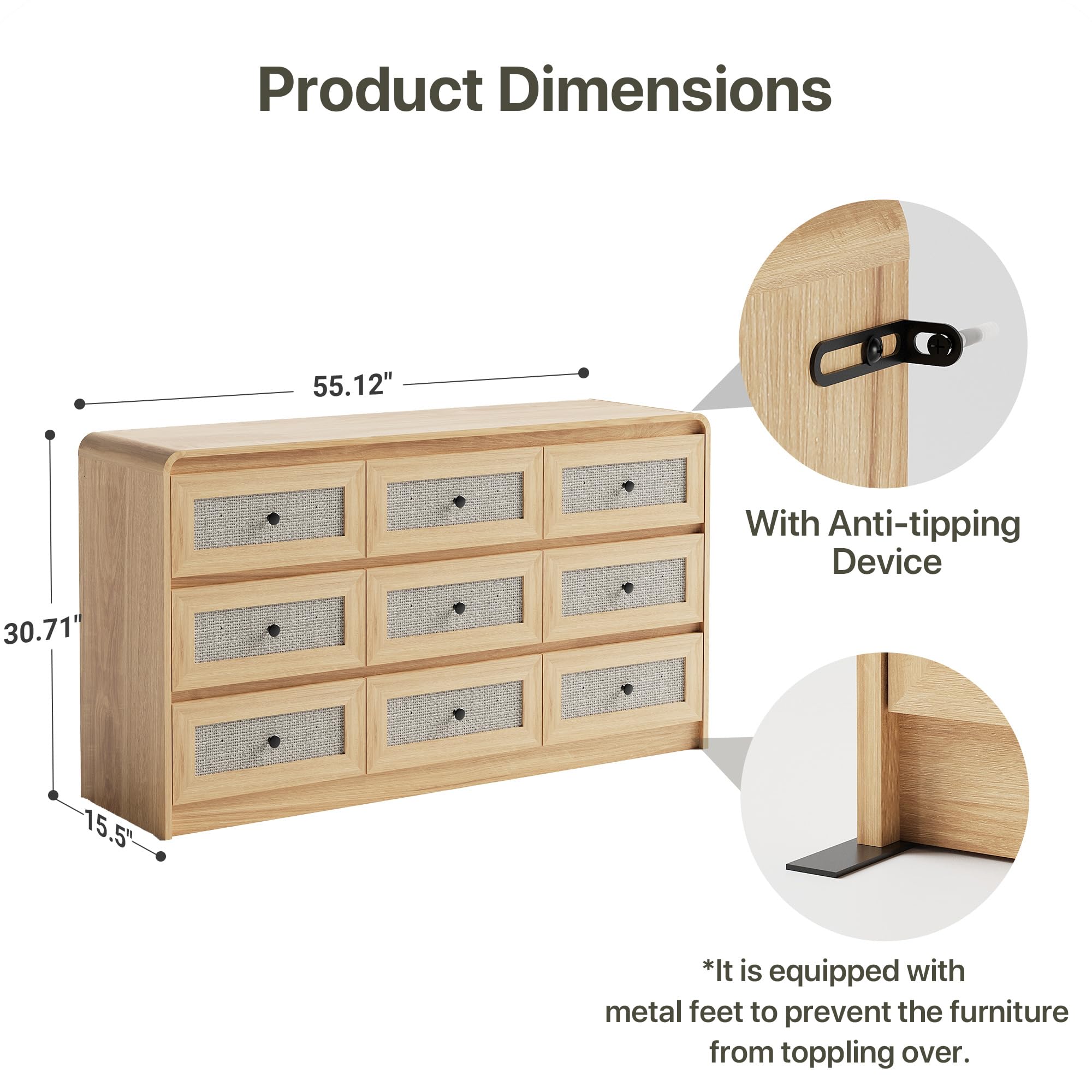 Seang Rattan 9 Drawer Dresser for Bedroom,55" Boho Chest of Drawers with Curved Profile Design,Wooden Dresser with Storage for Bedroom,Living Room,Natural