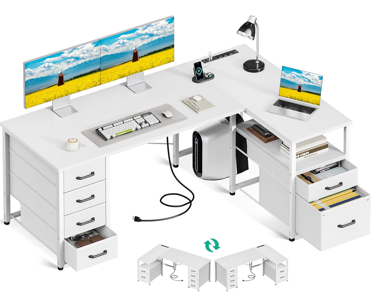 Coleshome 55 Inch L Shaped Office Desk with 6 Drawers, Power Outlet, White