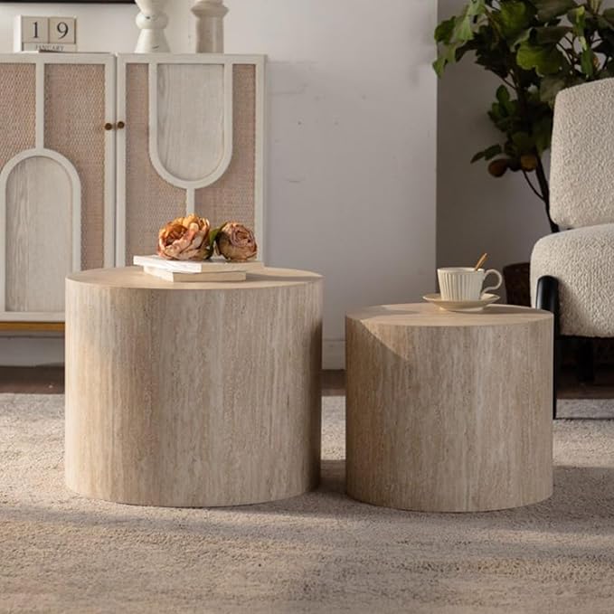 Nesting Coffee Table Set of 2 – Round Accent Tables with Non-Slip Feet