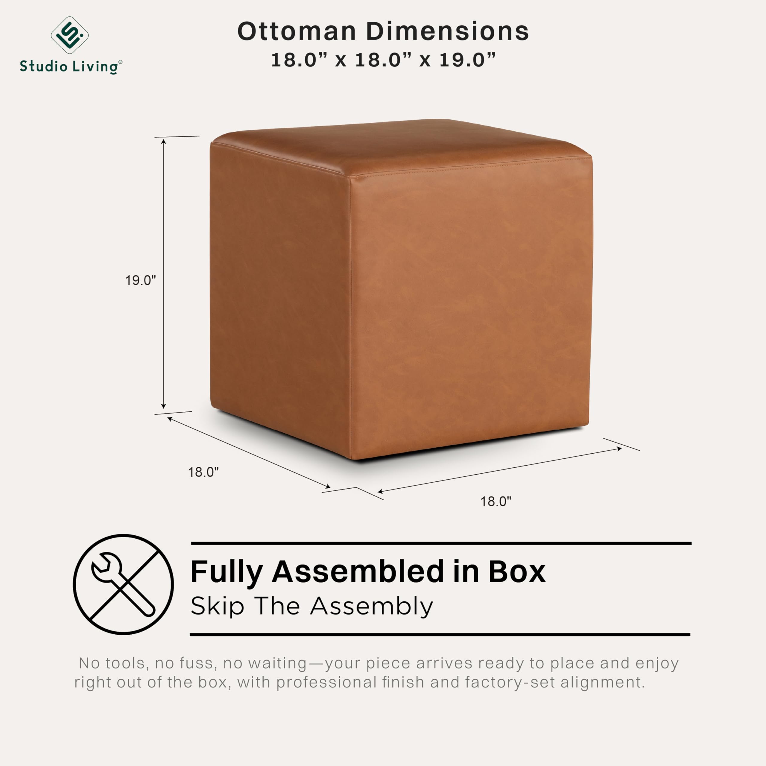 Studio Living Warren 18" Cube Ottoman, Urban Transitional, Fully Assembled, Vegan Leather Fabric, Carmel