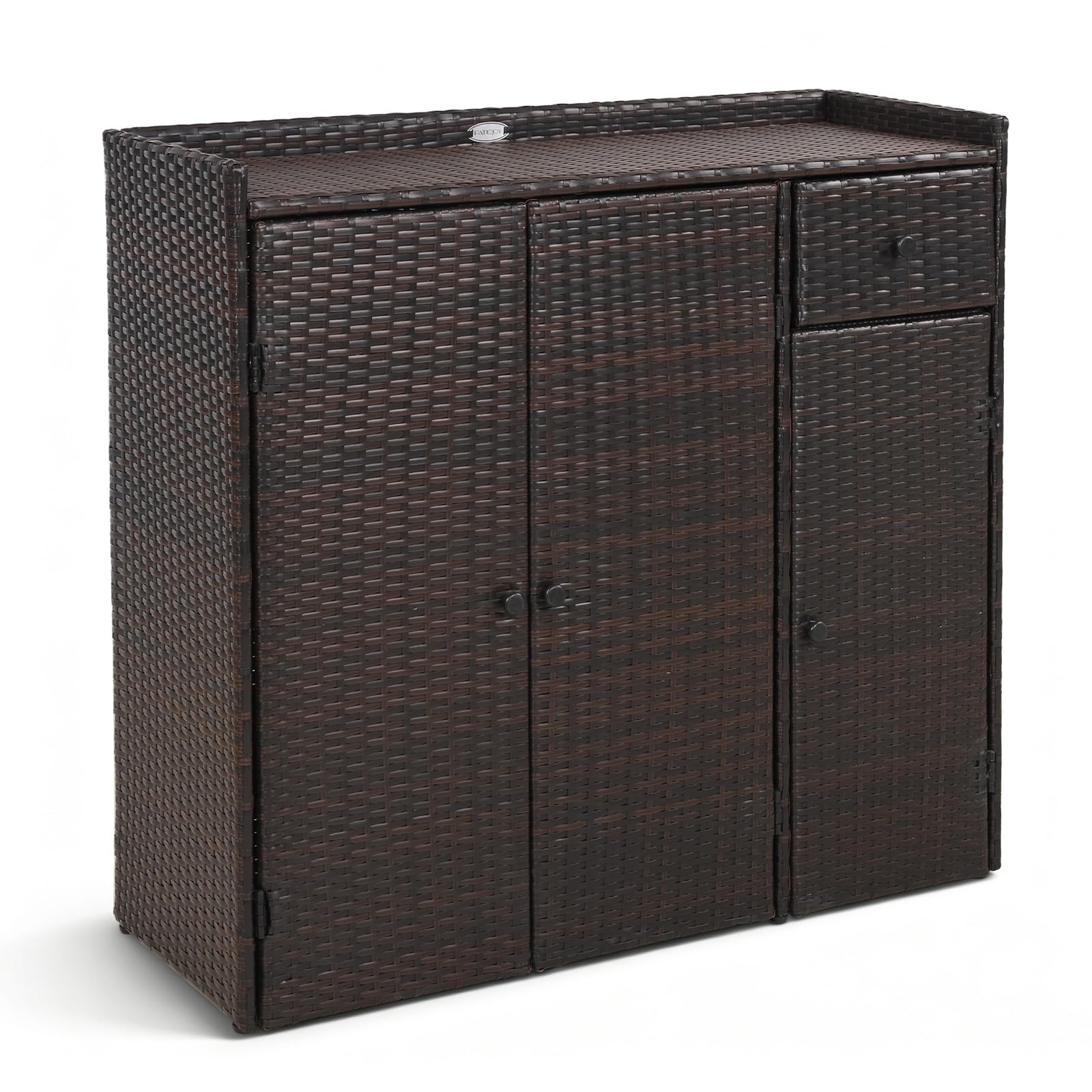 Tangkula Rattan Outdoor Storage Cabinet, Patiojoy Outdoor Cabinet with 2 Adjustable Shelves, 1 Drawer, 3 Doors, Patio Storage Deck Box Table for Patio Garden Poolside