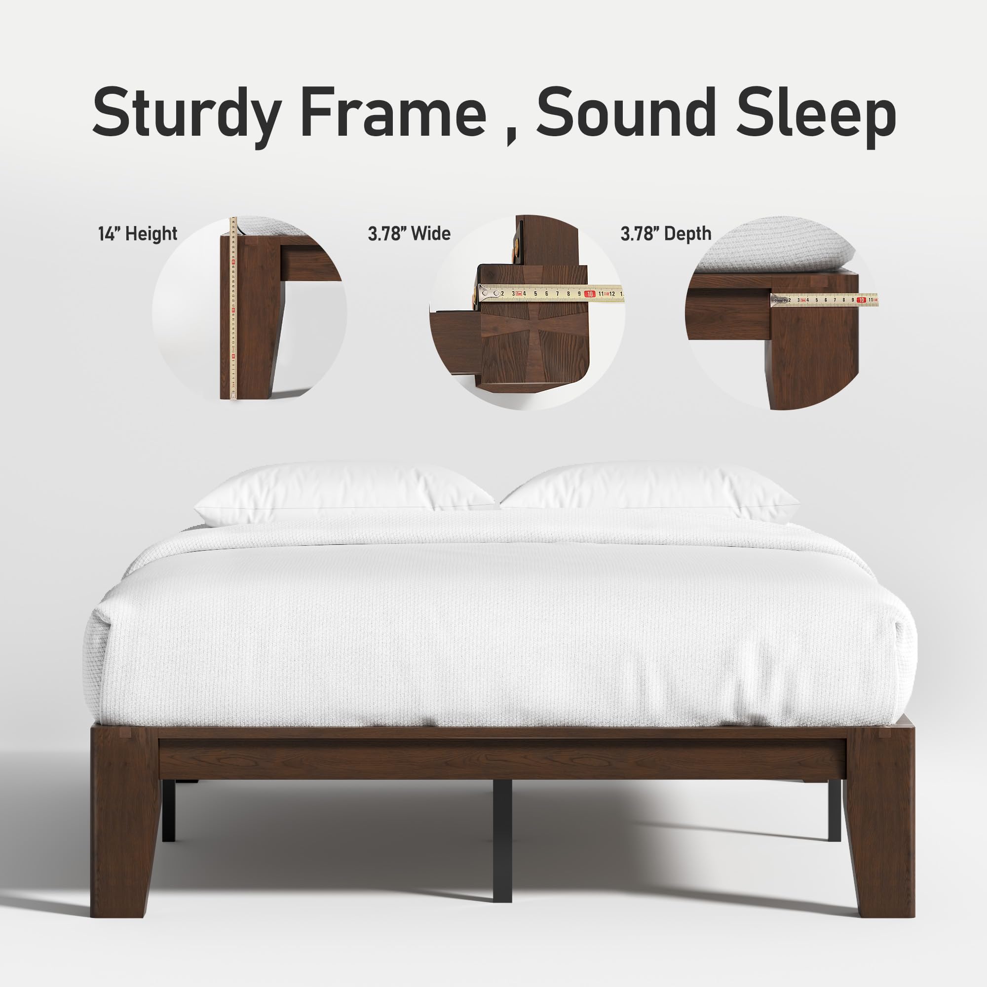 Lifezone Wood Queen Platform Bed Frame, Premium Solid Wood, Sturdy Structure, 3.78” Thickened & 14” Height Legs, Easily Assemble, Mortise & Tenon Joints Patterns, Walnut