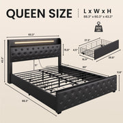 Lifezone Queen Bed Frame with 4 Storage Drawers and LED Lights, Upholstered Faux Leather Wingback Platform Bed with Type-C Charging Station, Noise-Free Heavy Duty Metal, No Box Spring Needed, Black