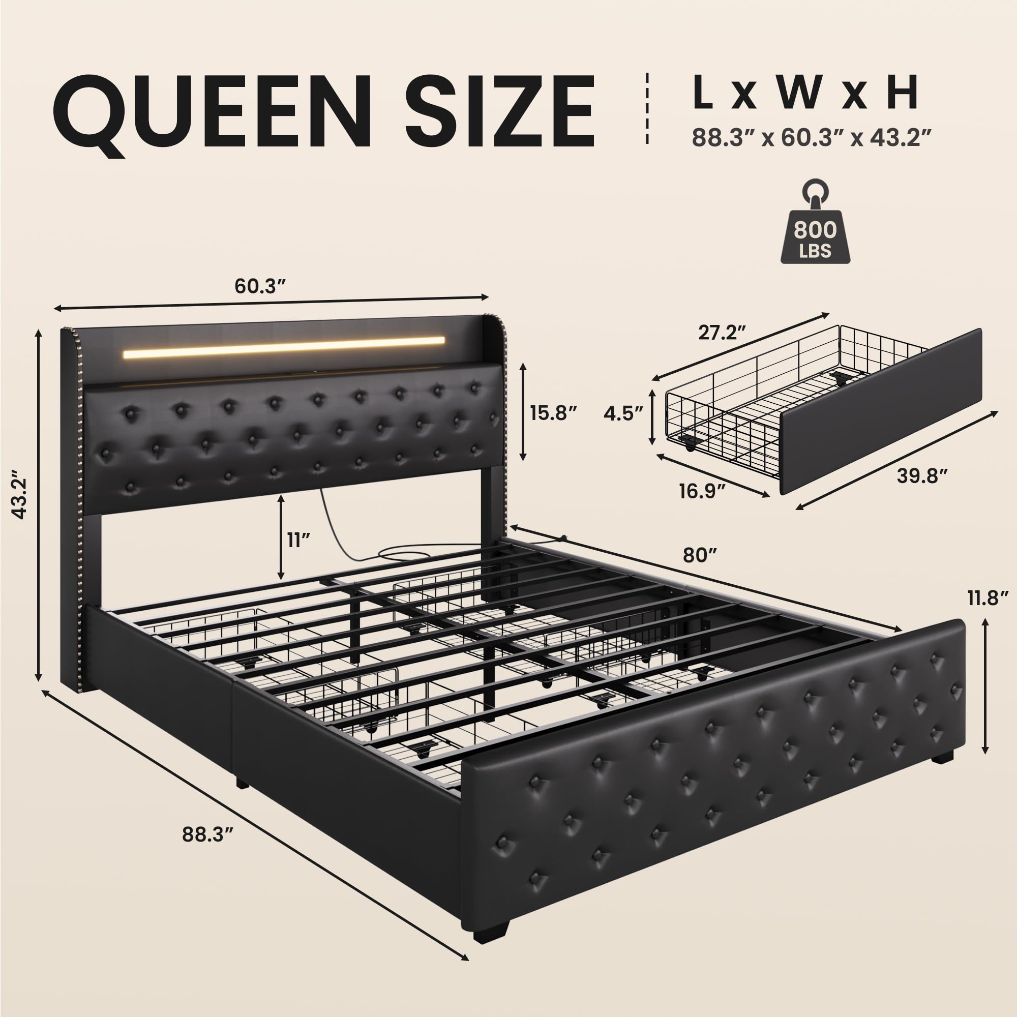 Lifezone Queen Bed Frame with 4 Storage Drawers and LED Lights, Upholstered Faux Leather Wingback Platform Bed with Type-C Charging Station, Noise-Free Heavy Duty Metal, No Box Spring Needed, Black