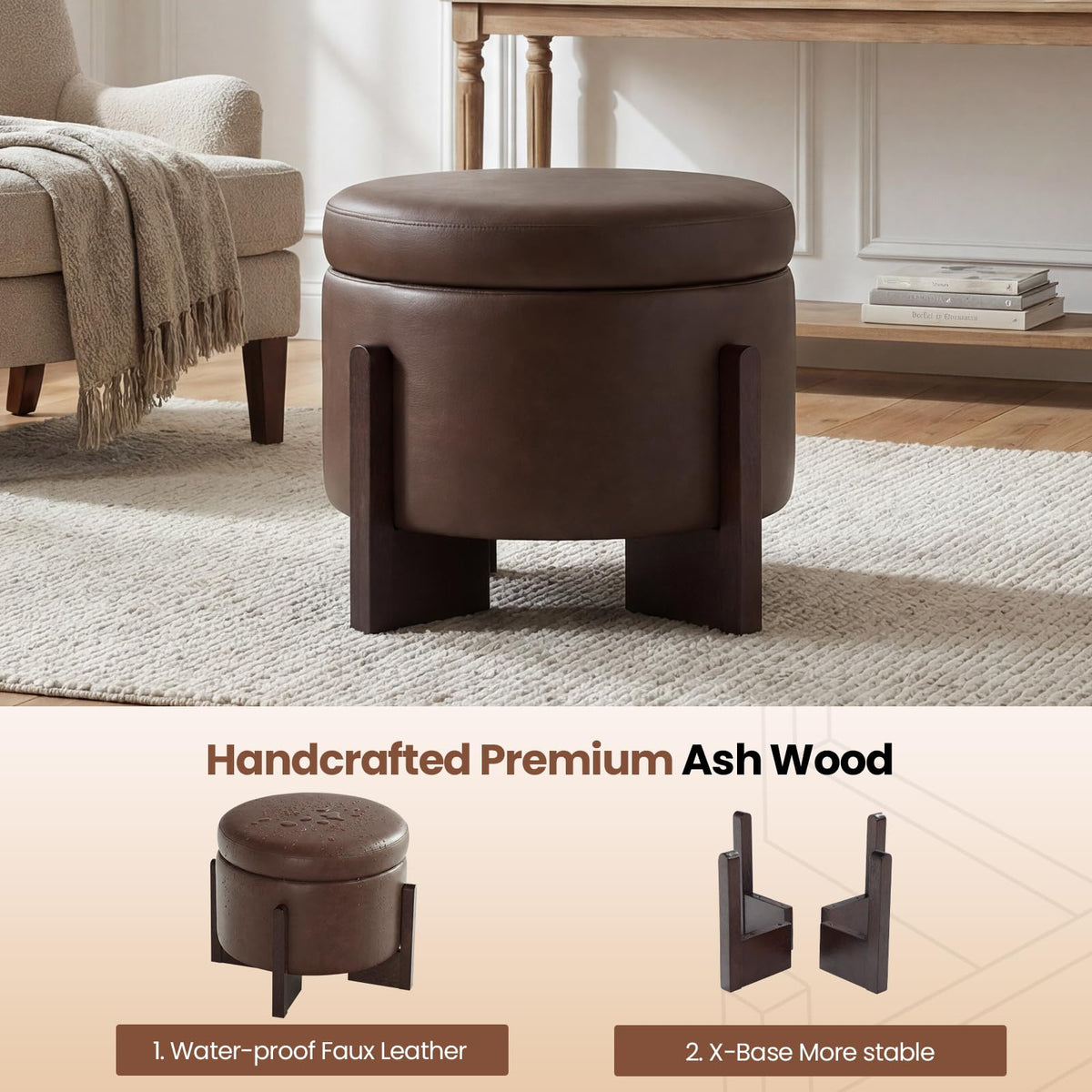 Round Faux Leather Storage Ottoman