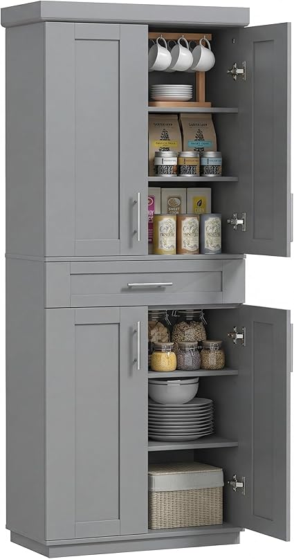 Tall Kitchen Pantry Cabinet with 4 Doors & Drawer