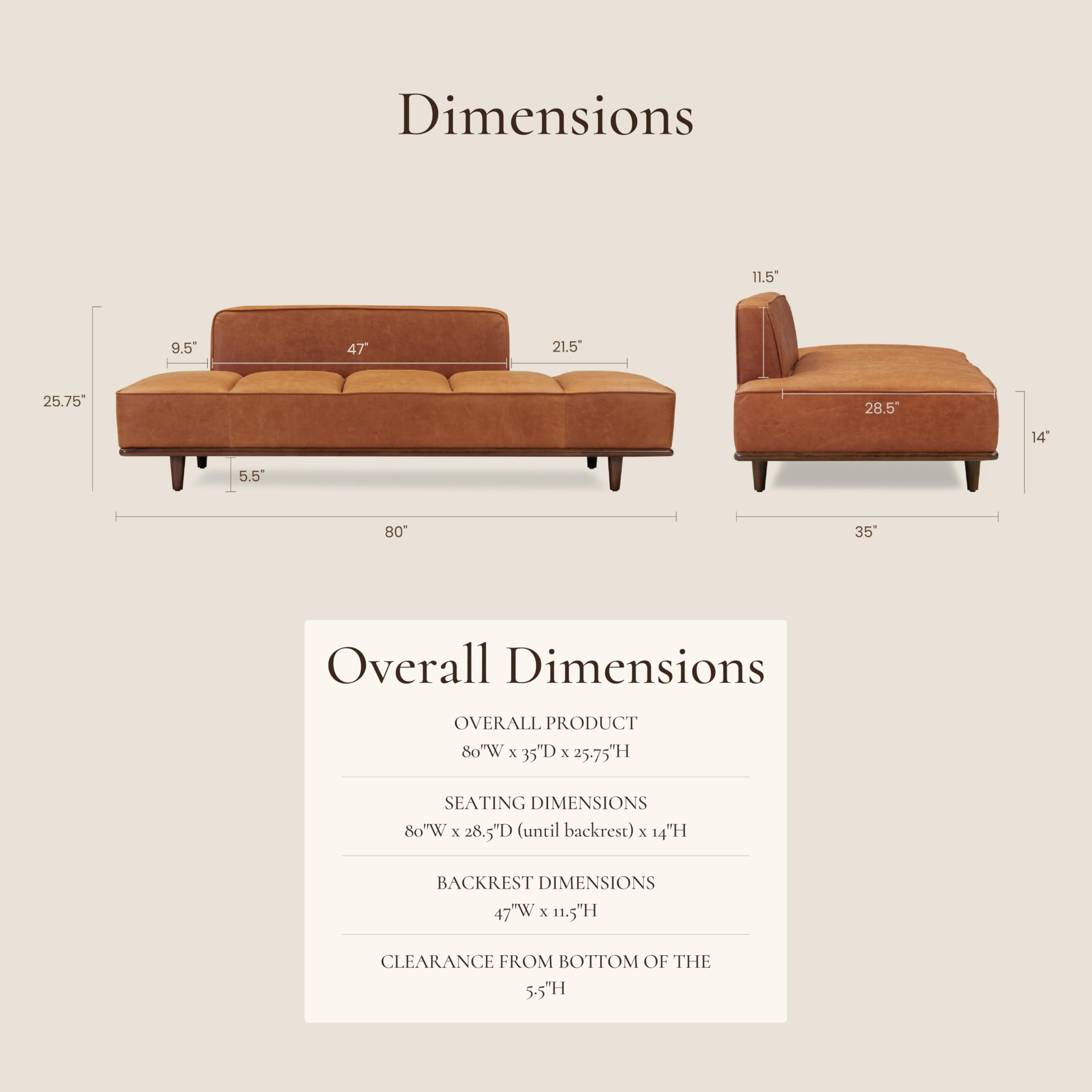 Poly & Bark Jasper Daybed - Cognac Tan - Full-Grain Pure-Aniline Leather Upholstery – Walnut-Stained Ash Wood Frame, 6.6 Feet – Modern Daybed for Living Room or Guest Space – Minimal Assembly