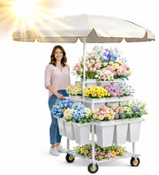 FEFZSFER Heavy Duty Flower Cart Display Stand with Umbrella, Rolling Flower Cart with 18 Buckets,Flower Carts with Wheels For Flower Shops, Markets, Events (White)