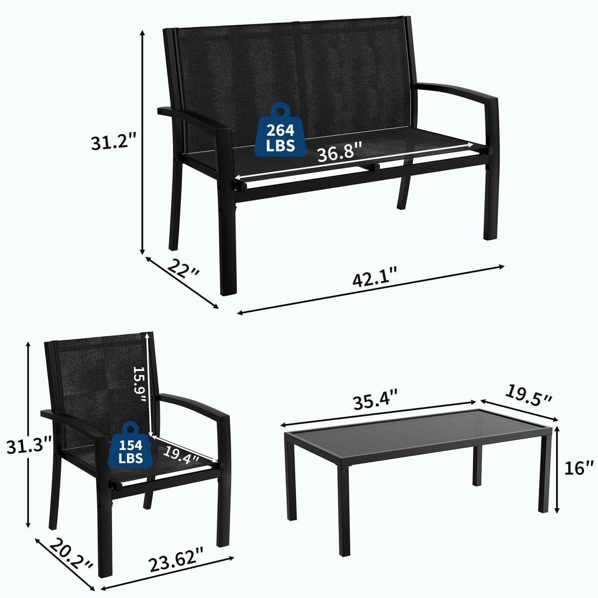 Garvee 4 Piece Patio Bistro Furniture Set, Outdoor Conversation Set with 3 Chairs, Loveseat & Glass Coffee Table, All-Weather Textilene Fabric & Steel Frame for Backyard, Poolside, Porch, Lawn - Black