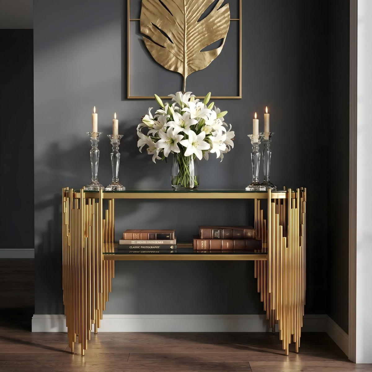 Gold Oval Glass Console Table
