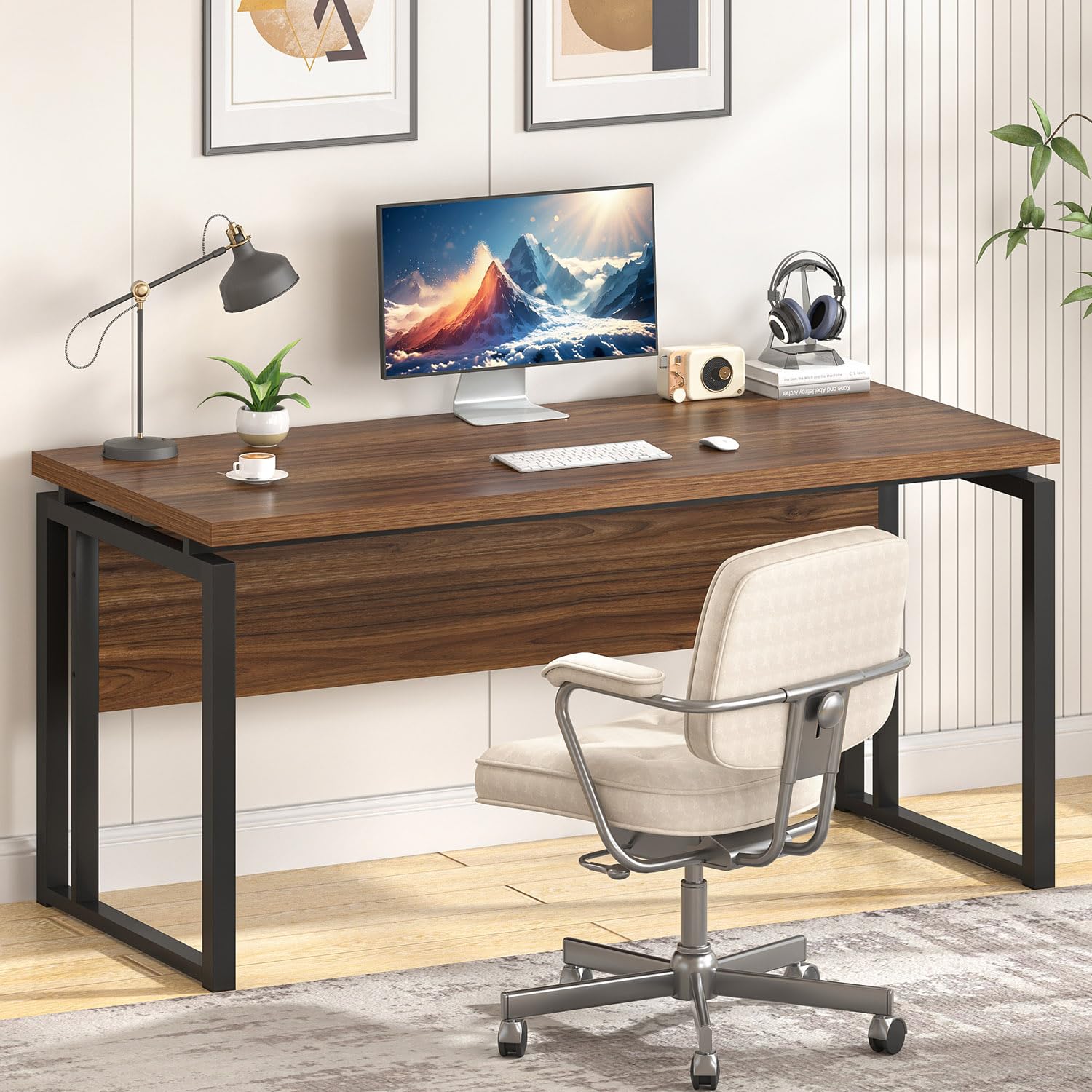 EXCEFUR Home Office Desk, Modern Computer Desk for Workstation, Wood Metal Executive PC Laptop Study Writing Table for Living Room, 53 Inch, Rustic Walnut