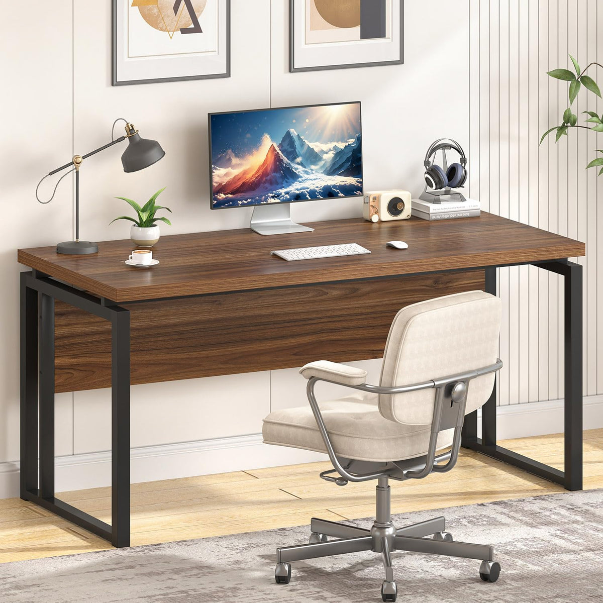 EXCEFUR Home Office Desk, Modern Computer Desk for Workstation, Wood Metal Executive PC Laptop Study Writing Table for Living Room, 53 Inch, Rustic Walnut