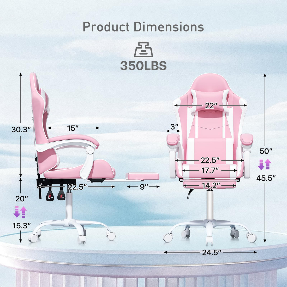MoNiBloom Gaming Chair, Footrest & Lumbar Support, Height Adjust, Pink