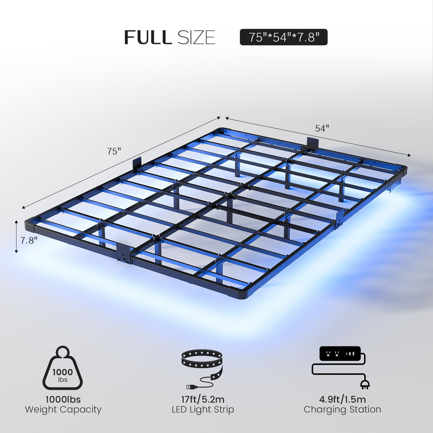 Floating Metal Platform Bed Frame with LED Lights & Charging Station