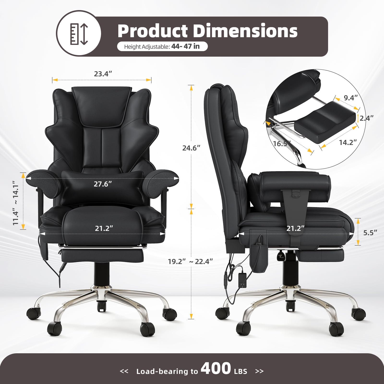 Mvpipi 7-Point Massage Office Chair,Heated Desk Manageral Chair,Ergonomic Executive Chair with Footrest,Adjustable Armrest，Computer Chair for Offices, Study Areas, Gaming Spaces,Black