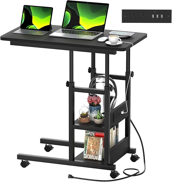 C-Shaped End Table with Charging Station & Adjustable Height