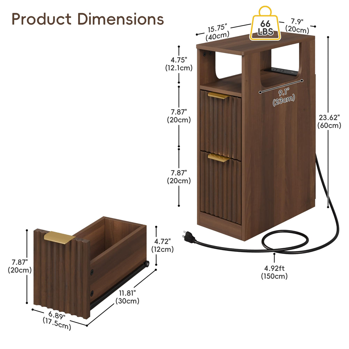 JUSTOGO Narrow Nightstand Set of 2, Fluted End Table with Charging Station