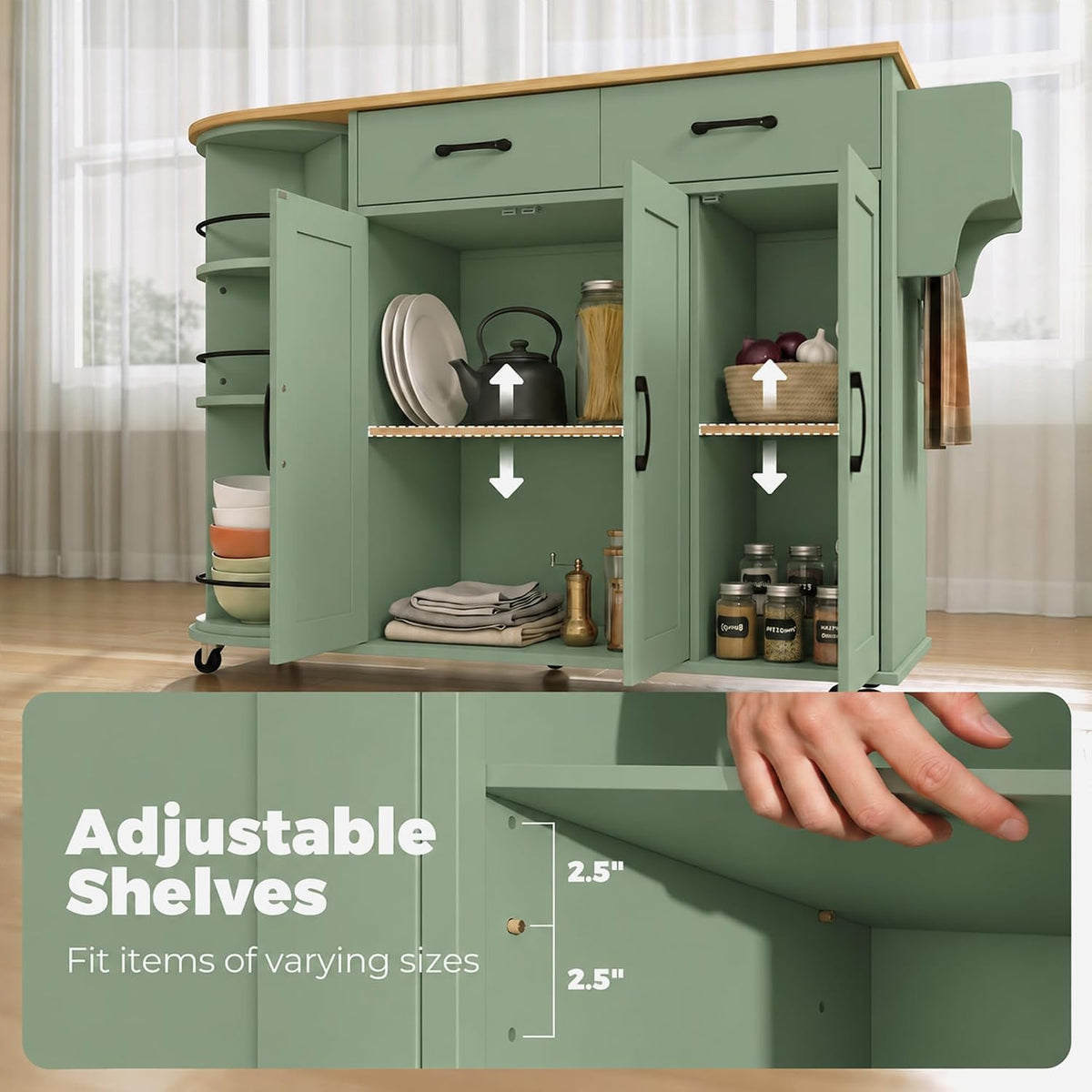 Sage Green Rolling Kitchen Island