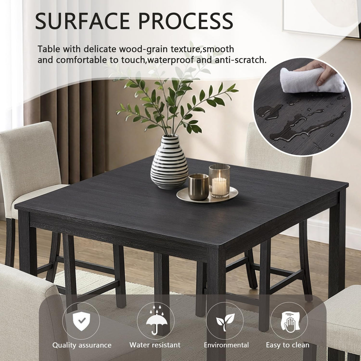 LUMISOL 5 Piece Counter Height Dining Table Set for 4 with Upholstered Chairs, 39 Inch Square Kitchen Table with Solid Wood Frame, Space Saving Dining Set for Small Apartment, Antique Black and Beige
