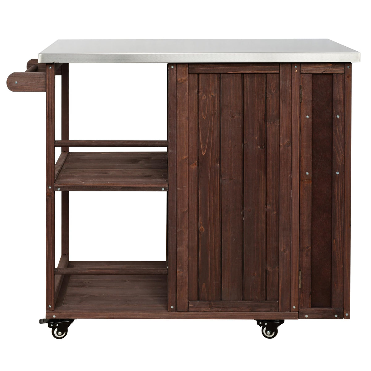 P PURLOVE Outdoor Kitchen Island, Fir Wood Prep Station with Stainless Top, Ample Storage Space, Towel and Spice Racks for Patio and Outdoor, Dark Brown