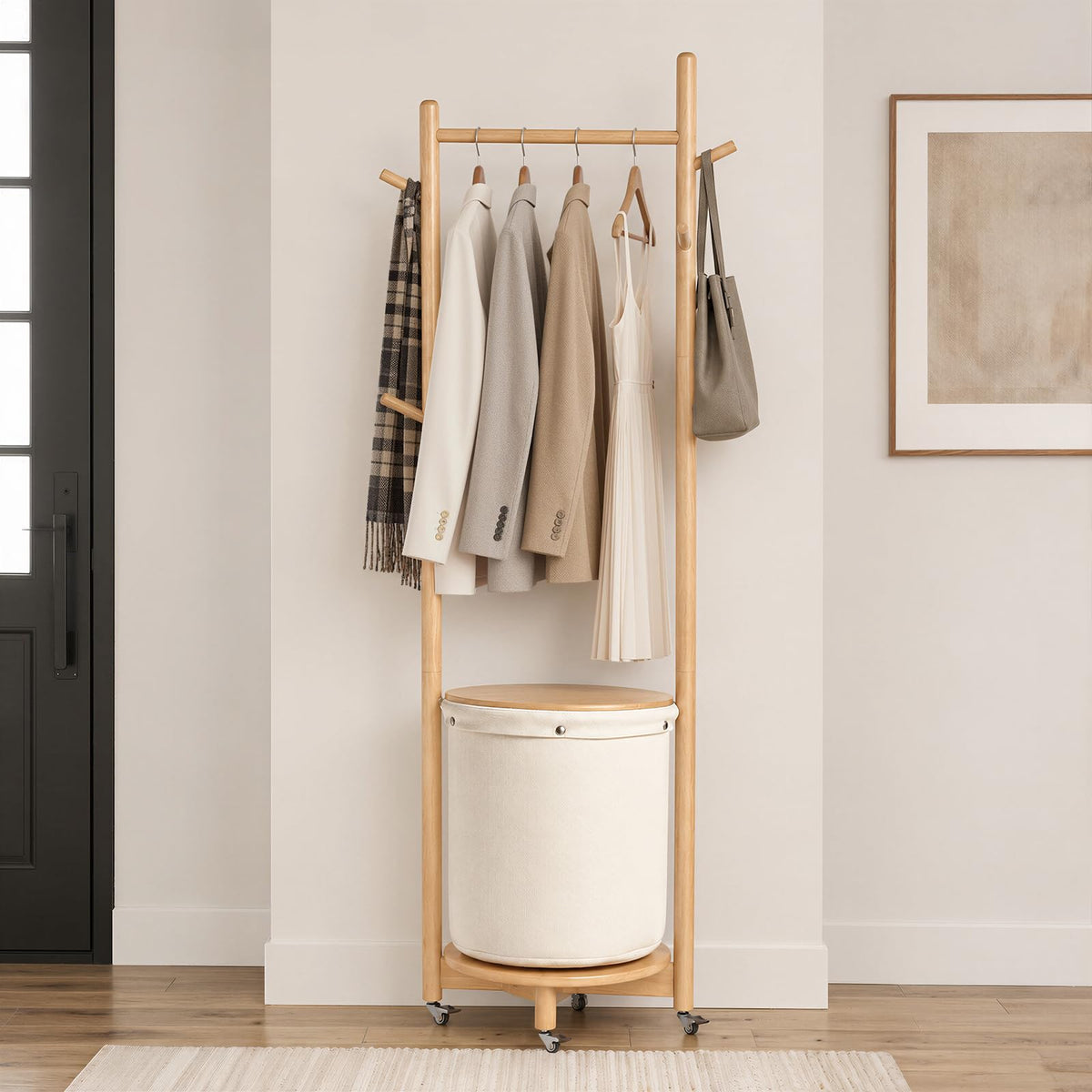 Rolling Wood Coat Rack with Basket