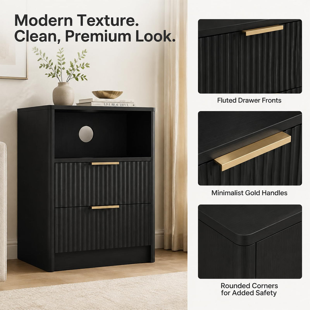 Black Fluted Nightstands Set of 2