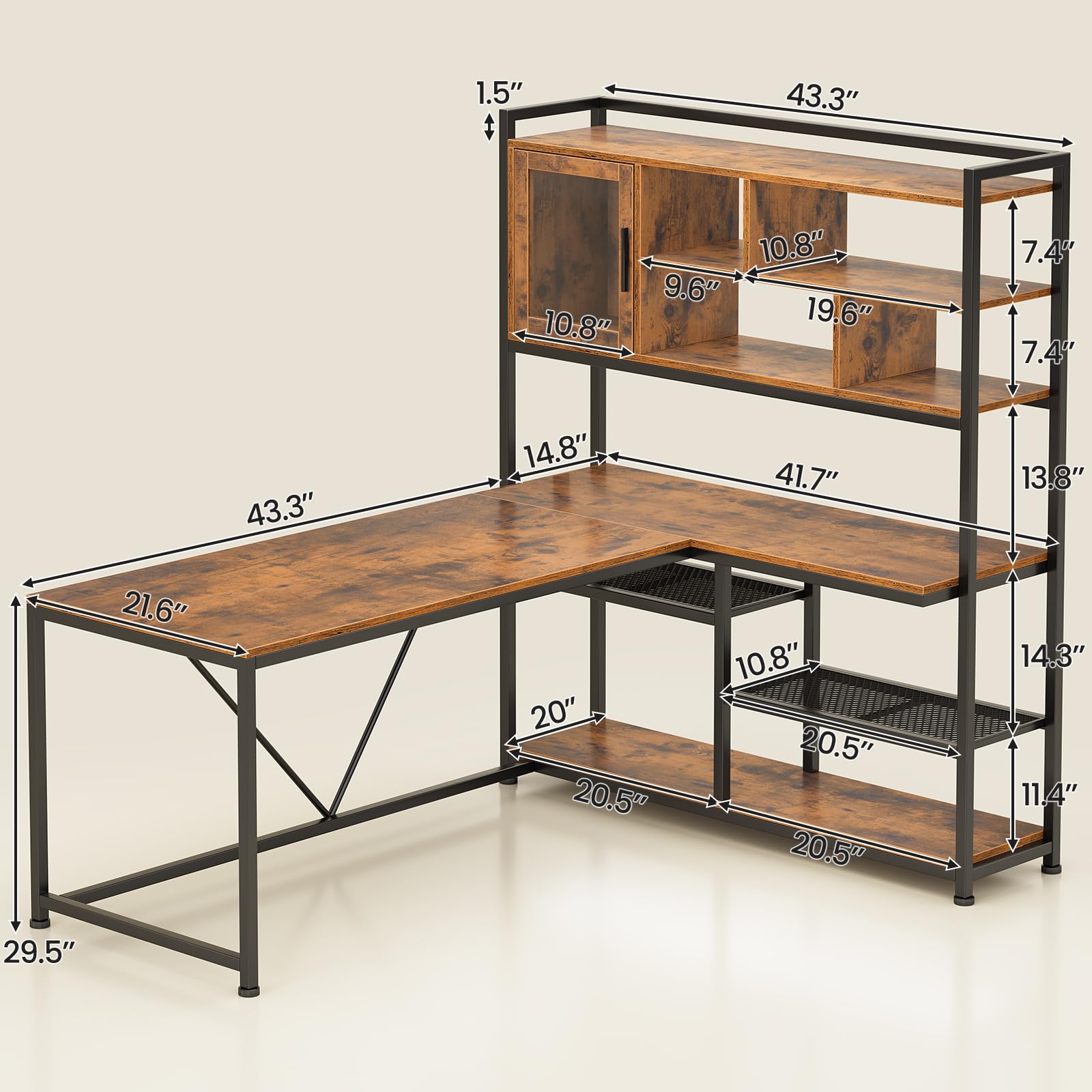 L-Shaped Desk with LED Light & Bookshelf