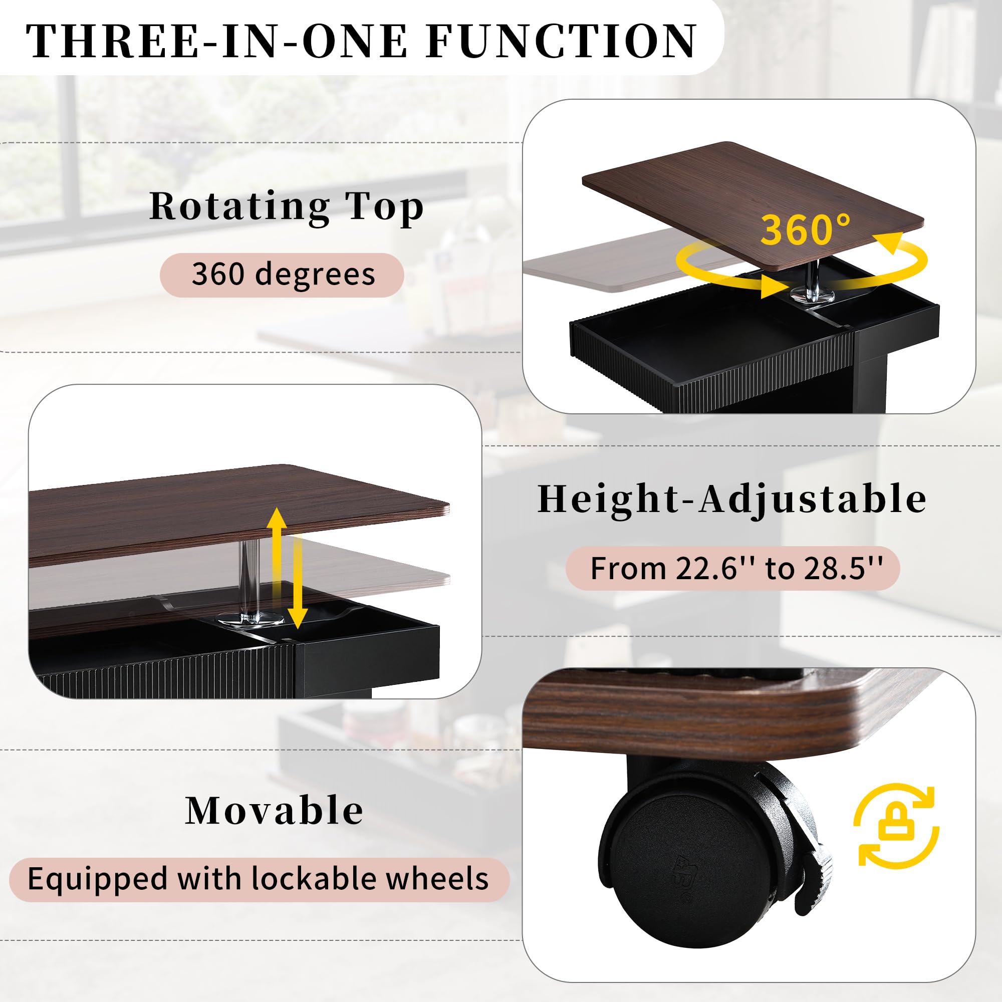 Merax Adjustable End Table with Wheels, Modern Multifunctional Sofa Side Table with Lift-Top, 360°Rotating Top and Storage Space for Living Room, Small Space, Black+Brown