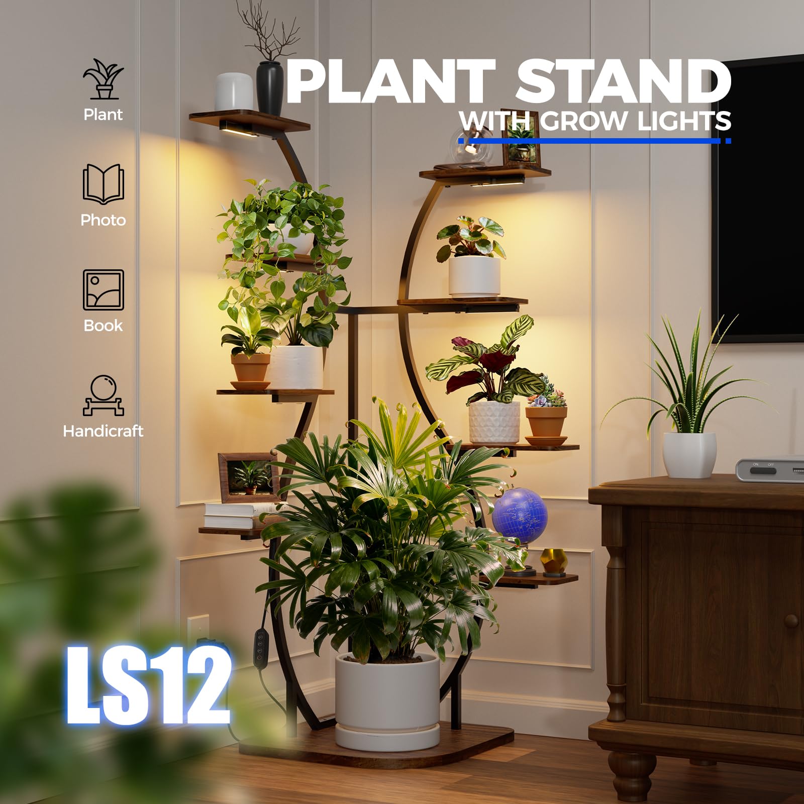 S-Shape Corner Plant Stand with Grow Light