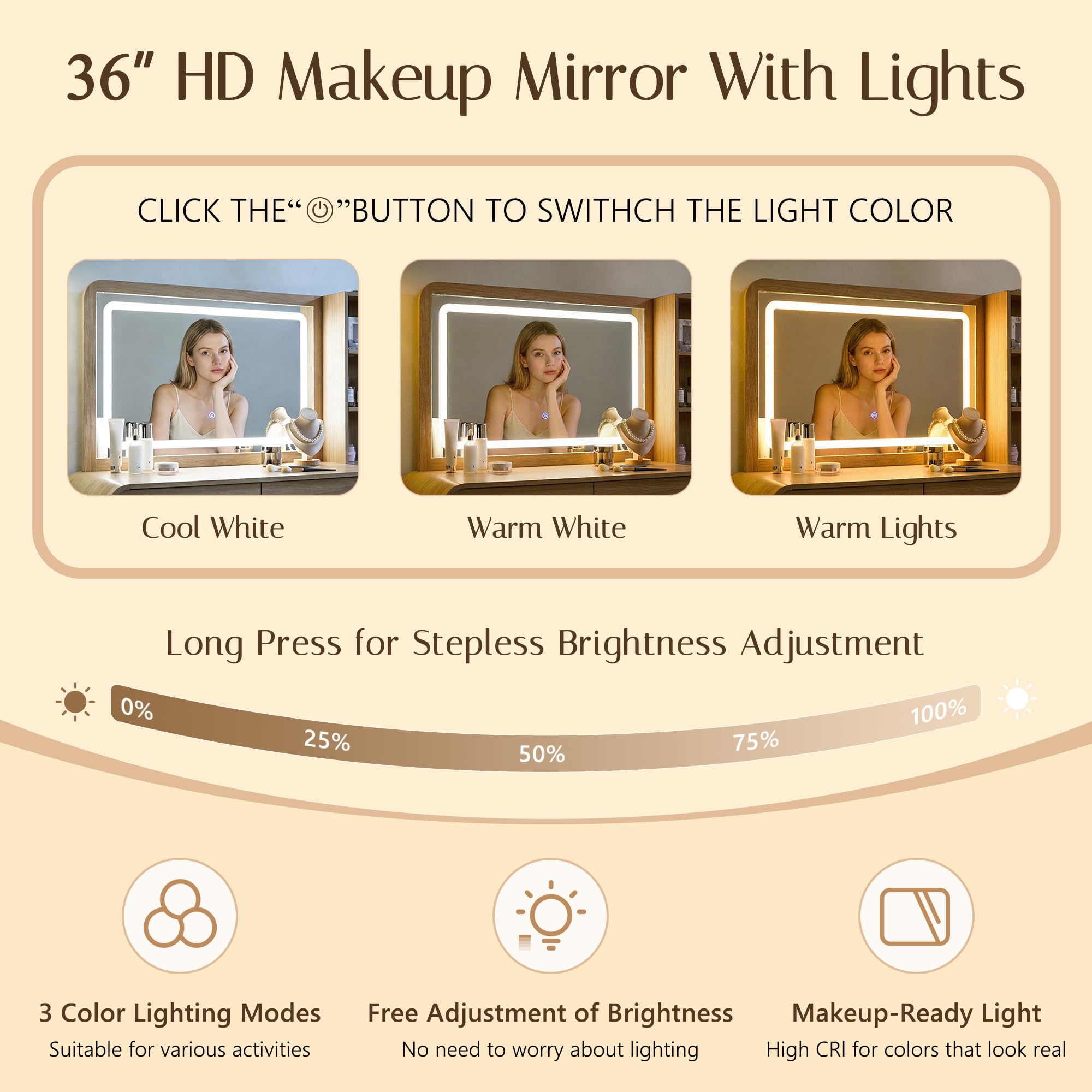 Aitjunz Vanity Desk with Mirror and Lights, 50” Modren Makeup Vanity with 35.43" Mirror and 5 Drawers, Makeup Table with Charging Station for Women and Girls, Bedroom (Natural)