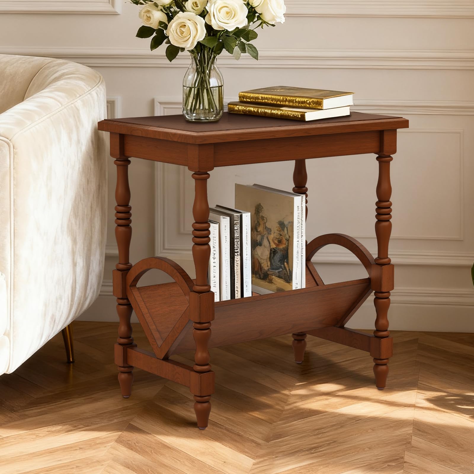 LKTART Wood End Table, Vintage Sofa Side Table with Magazine Rack and Rubberwood Legs, Bedside Table with Birch Wood Veneer Finish for Living Room Bedroom Small Space Home Office (Cherry)
