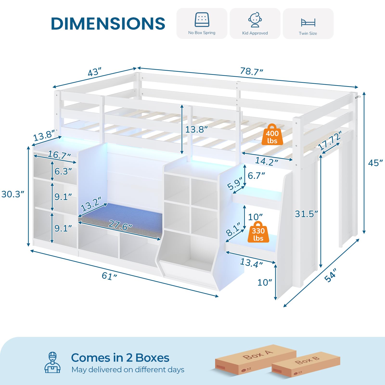 Twin Low Loft Bed with Storage & LED Lights