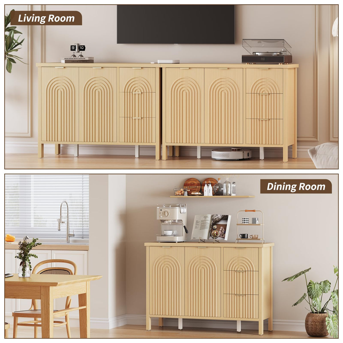 Curlaky Sideboard Buffet Cabinet with Storage - Fluted Accent Coffee Bar Cabinets Kitchen Credenza with Drawers & Doors, Wood Console Side Board with Adjustable Shelf for Living Room Entryway,Natural