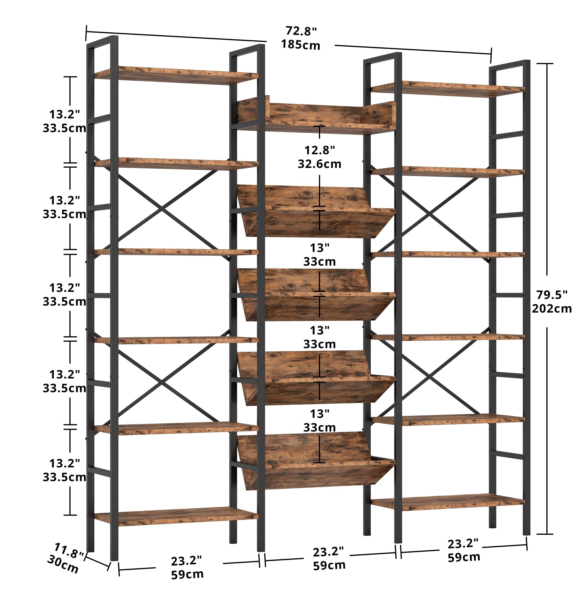 Industrial Bookshelf 6-Tier Triple Wide with Metal Frame