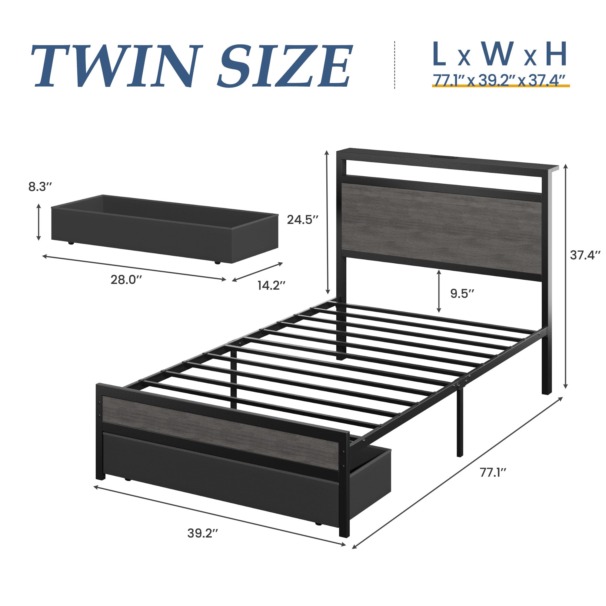Fluest Twin Bed Frame,Twin Bed Frame with Storage Headboard & Storage Drawer, Charging Station & LED Light, No Box Spring Needed, Noise Free, Easy Assembly, Rustic Grey