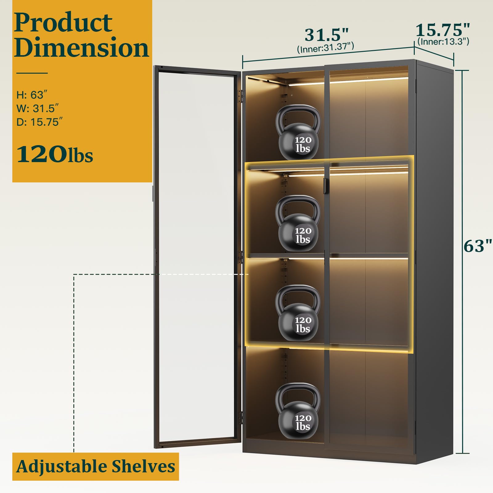 Glass Display Cabinet with LED Lights & Adjustable Shelves