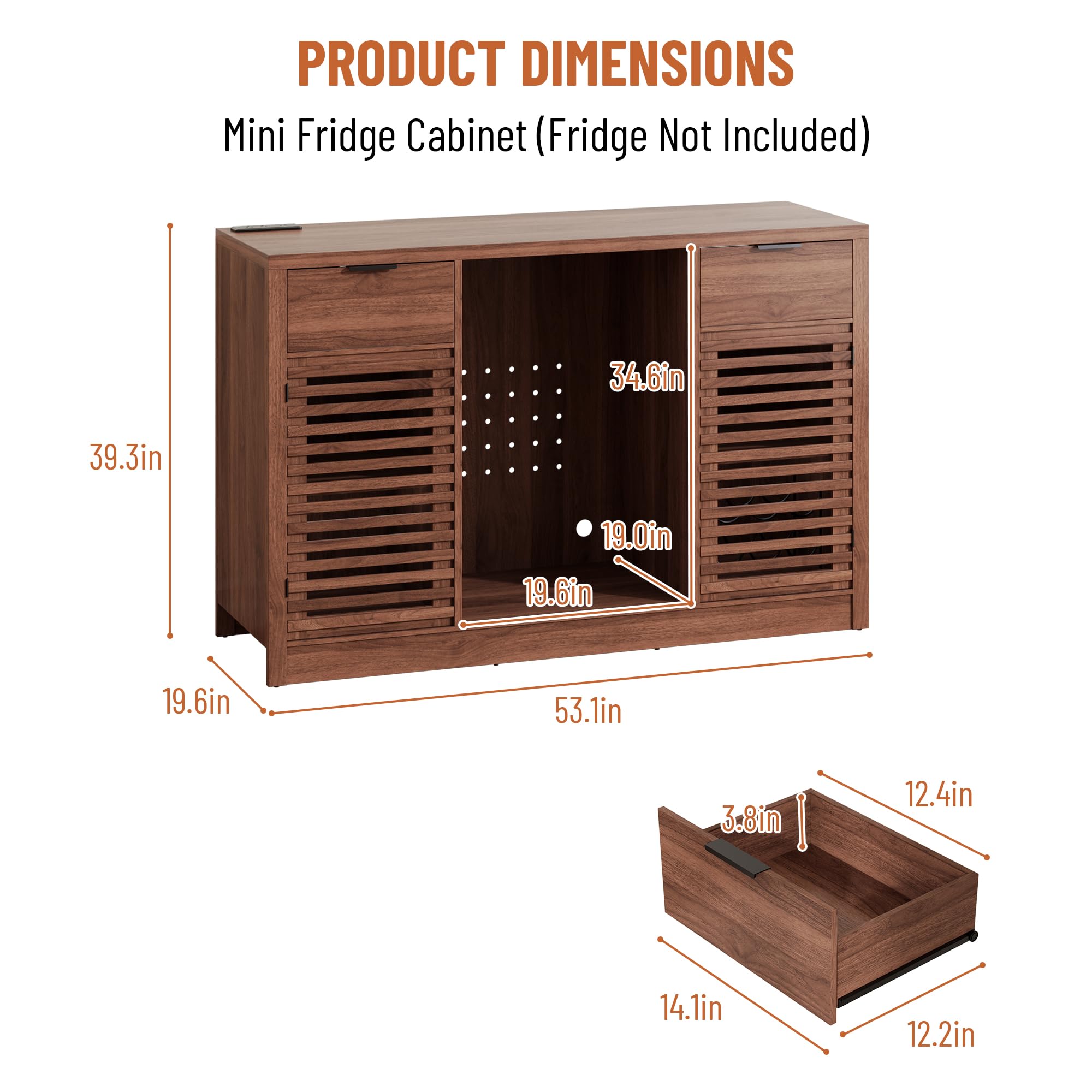 Coffee Bar Cabinet with Fridge Space, Liquor Wine Bar Cabinets with Wine Rack and Glass Holder, Mini Fridge Cabinet with Drawer & Storage, Fluted Buffet Sideboard for Dining Room, Kitchen (Walnut)