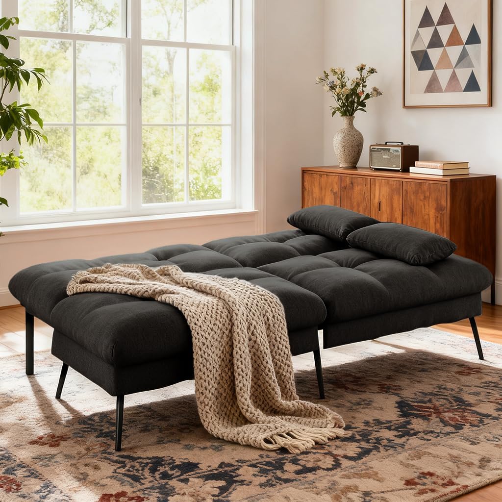 COMHOMA 72″ Convertible Futon Sofa Bed, Adjustable Backrest, Black
