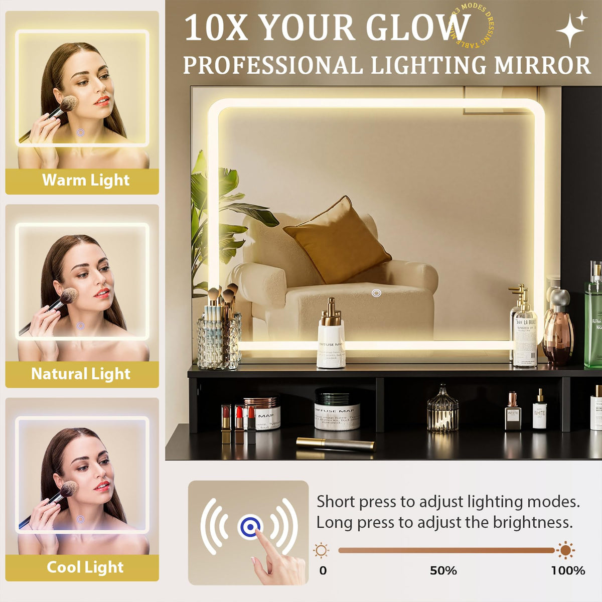 Black Makeup Vanity with LED Mirror