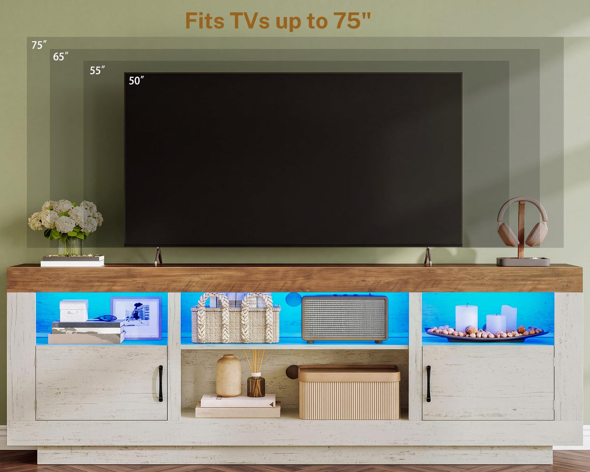 TEENFON TV Stand for 75 inch TV, Entertainment Center with LED Lights & Adjustble Shelves, TV Console, 27.6" H Media Console with Open Storage & Side Cabinets, TV Stands for Living Room, Cloud White