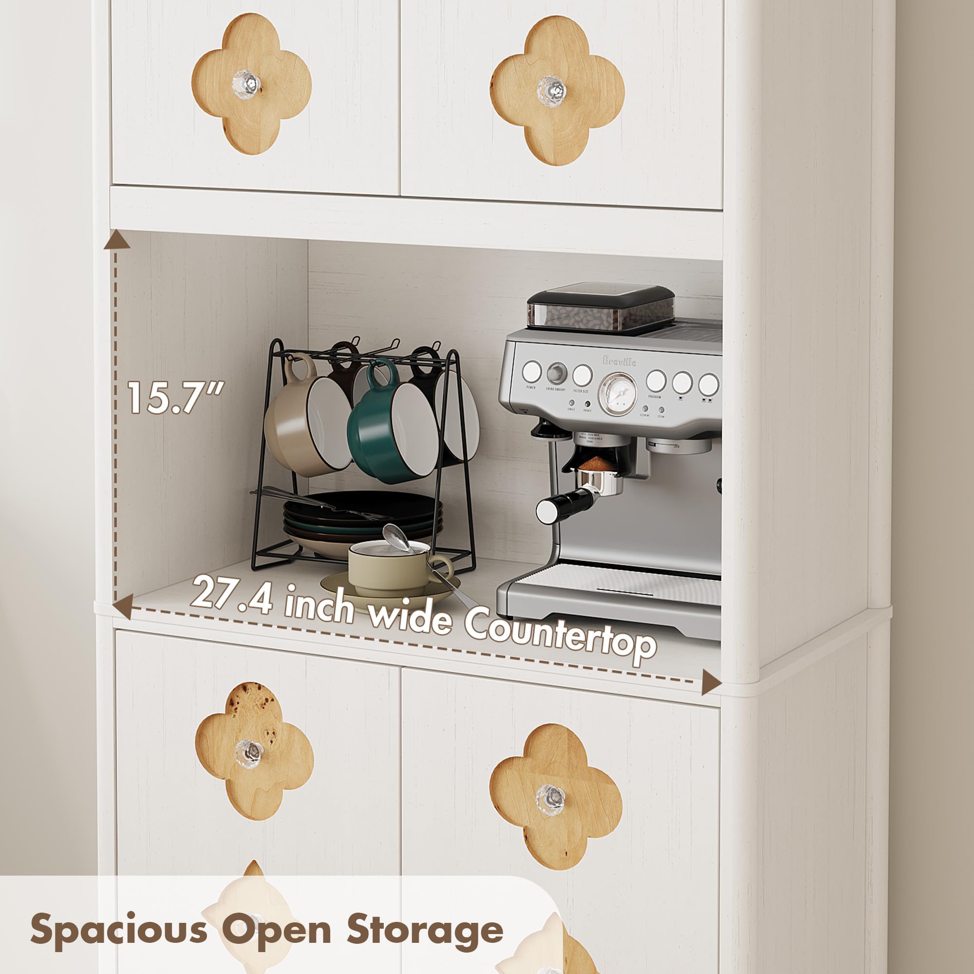 IDEALHOUSE Mid Century Modern Kitchen Pantry Cabinet, 72" Tall Storage Cabinet with Microwave Shelf, Wooden Freestand Cupboard with Carved Flower Door & Crystal Handle, for Dining Room