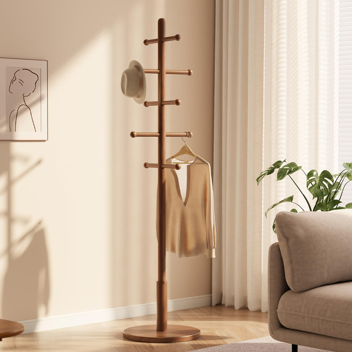 Solid Wood Coat Rack with 10 Hooks